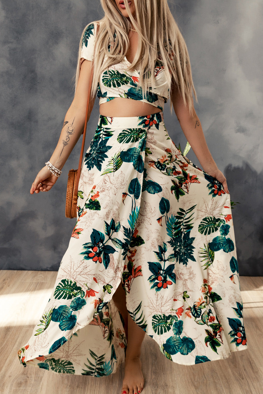 Crop Top Maxi Rok Set met Tropische Print