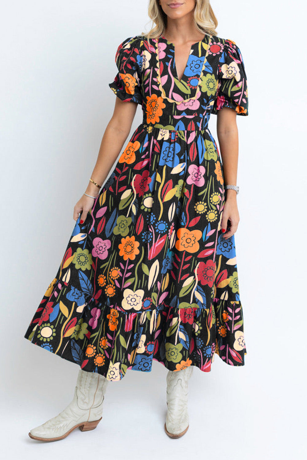 Retro Bloemenprint Maxi-Jurk met Split Hals