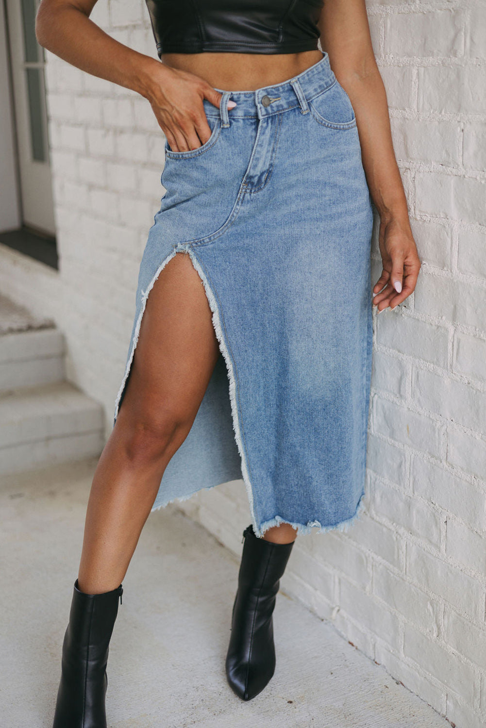 Asymmetrische Denim Midi Rok met Rafels