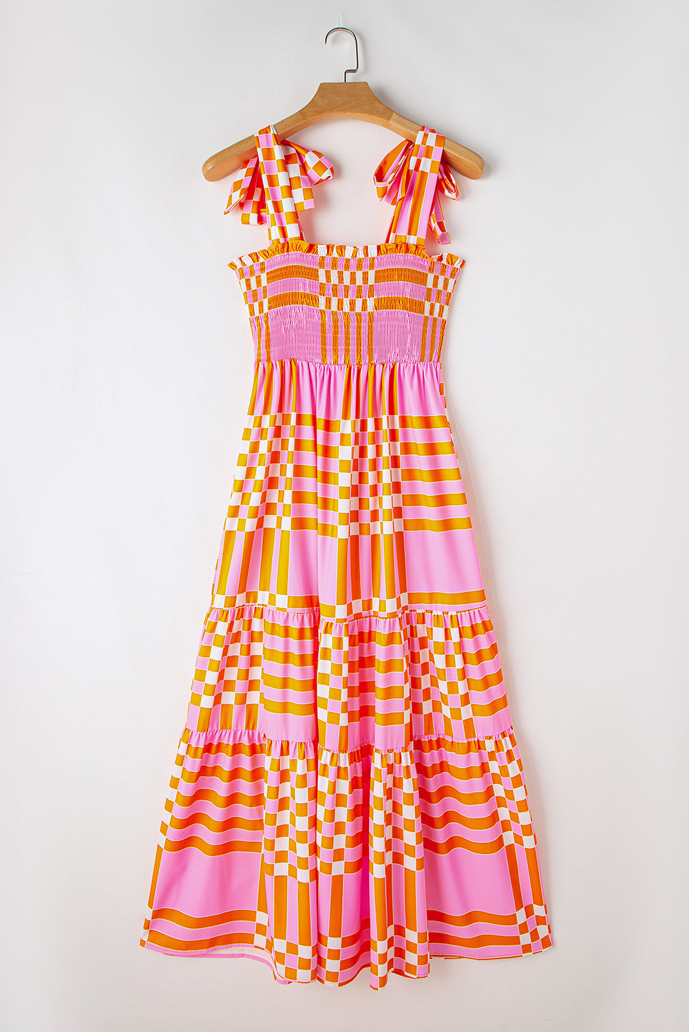 Boho Gingham Maxi Jurk met Strikbandjes