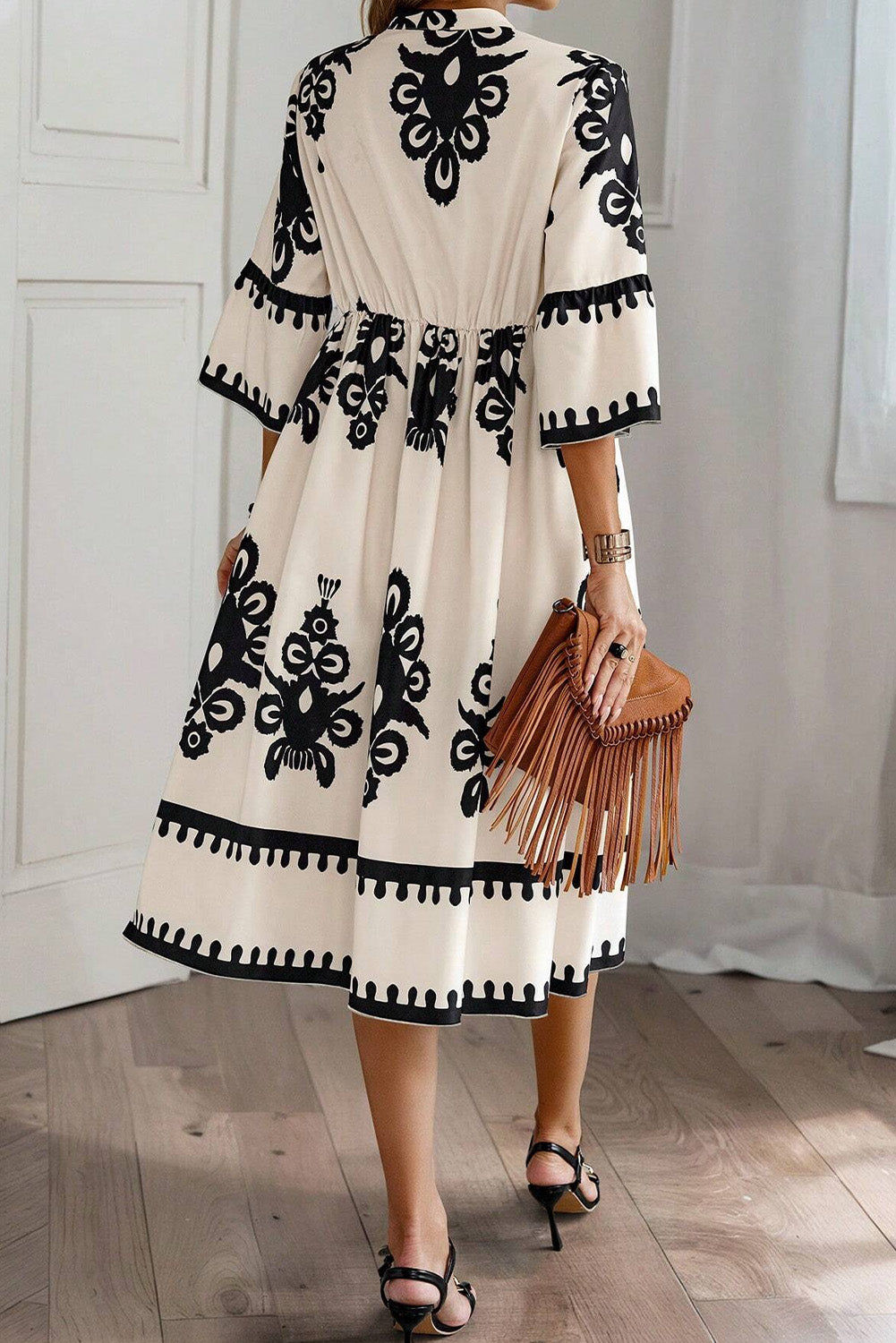 Western Geometrische Print Midi Jurk met 3/4 Mouwen