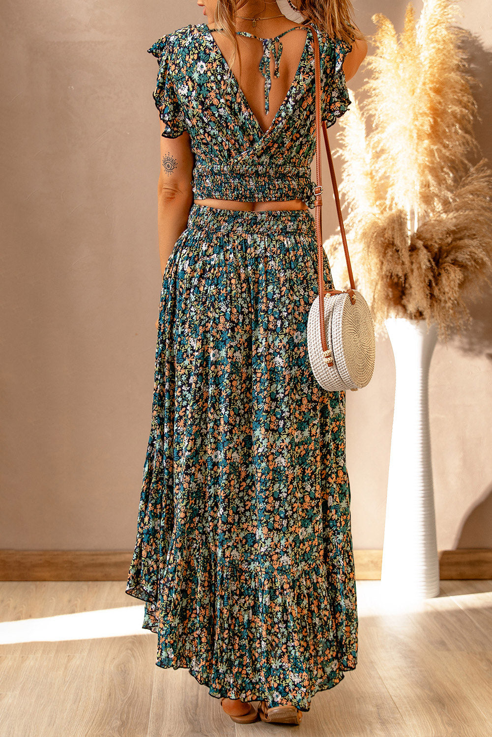 Ruffle Crop Top en Maxi Rok Set met Bloemenprint