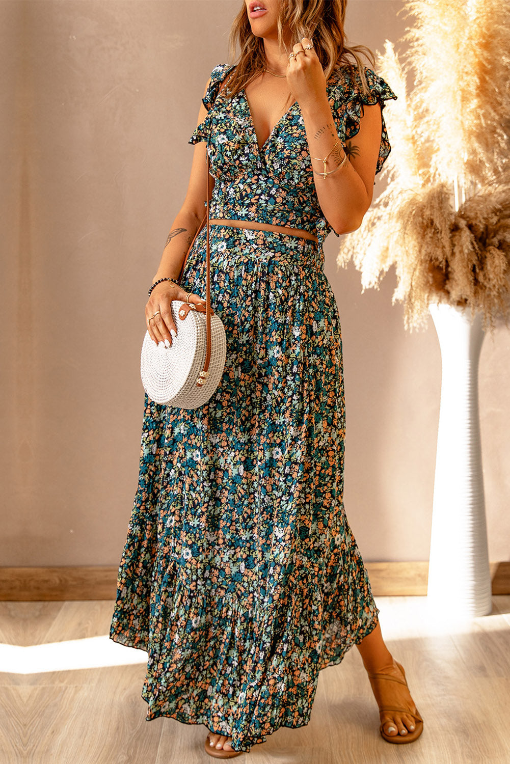 Ruffle Crop Top en Maxi Rok Set met Bloemenprint