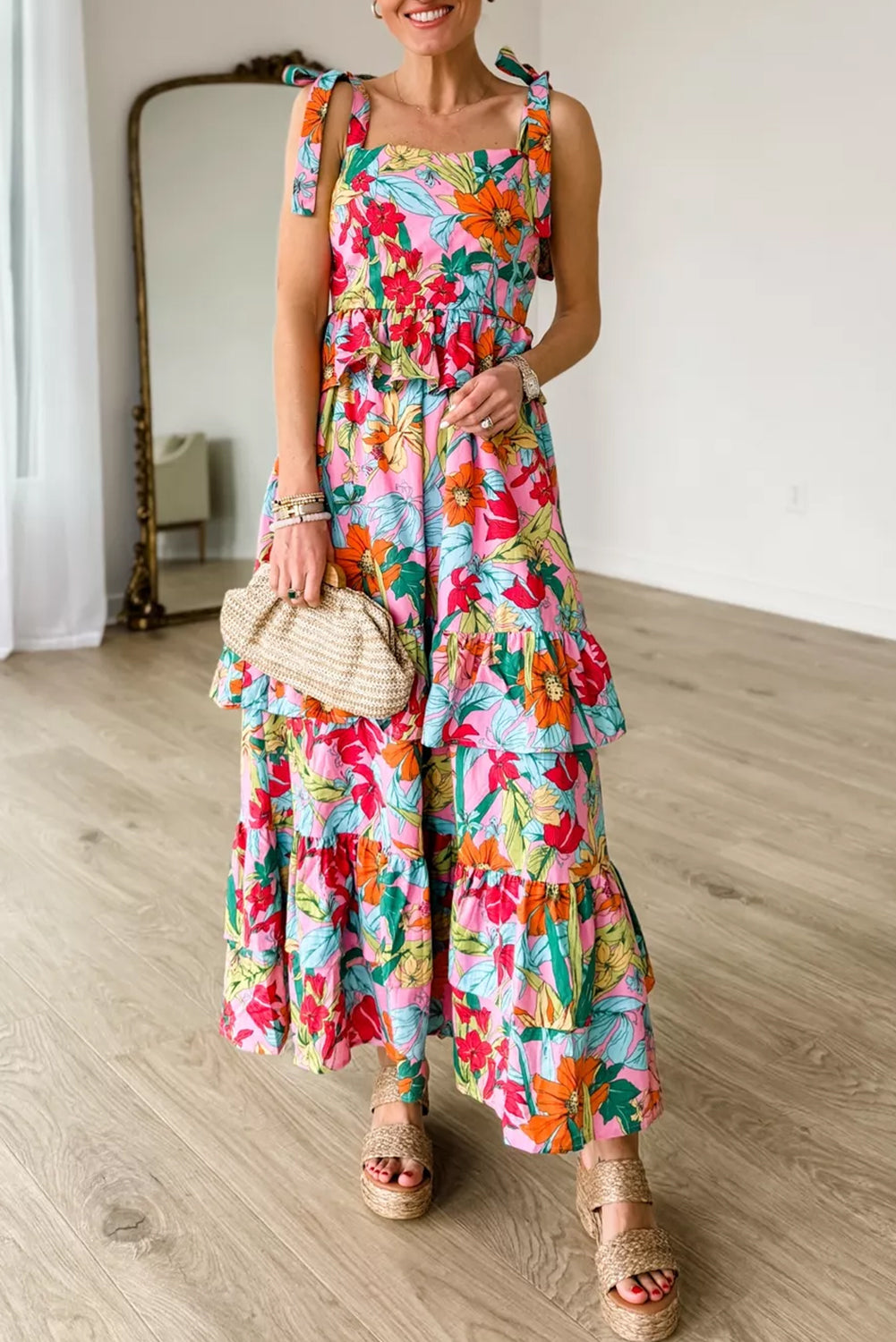 Elegante Bloemenprint Maxi Jurk met Ruches