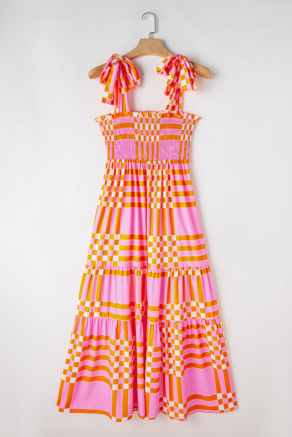 Boho Gingham Maxi Jurk met Strikbandjes