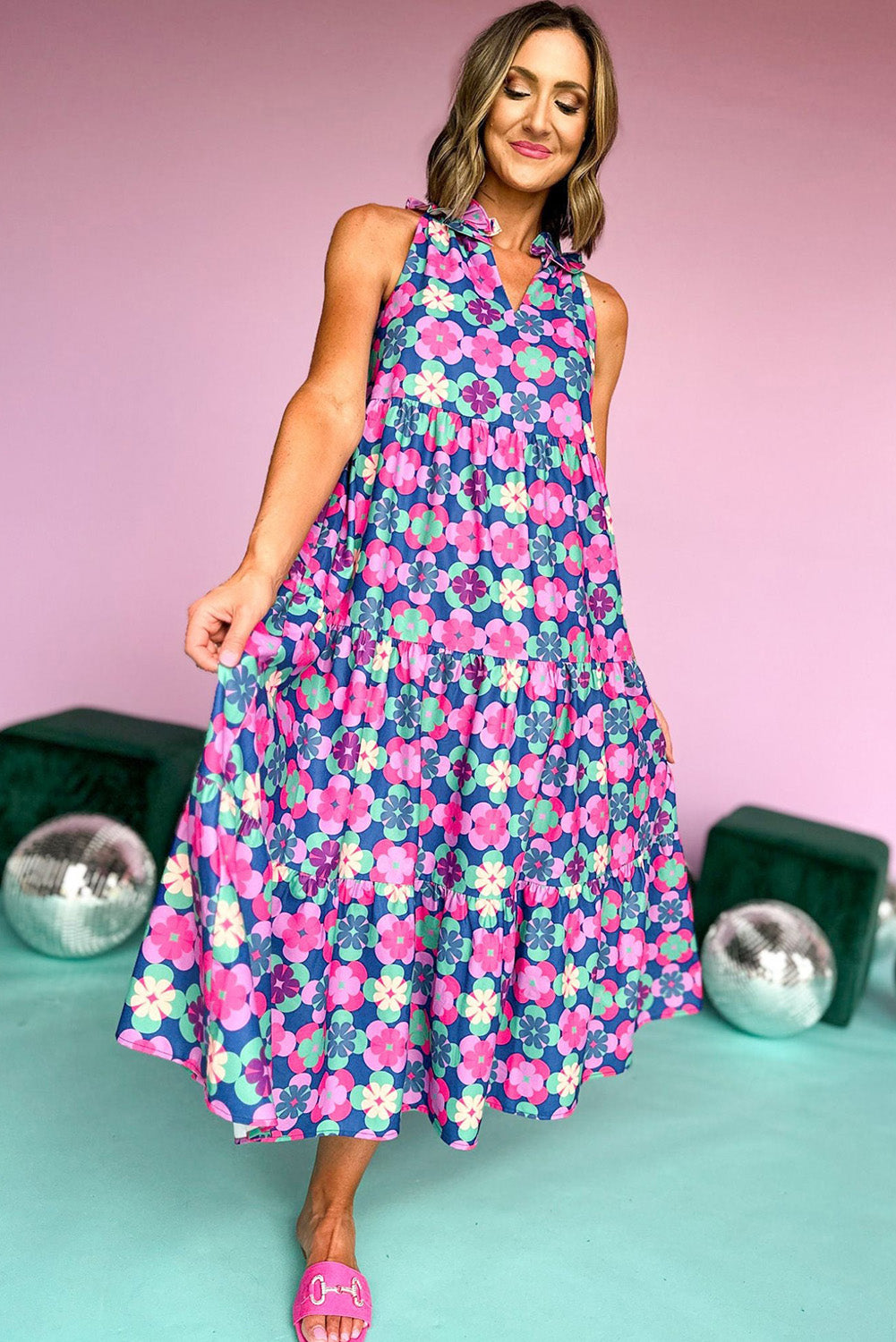 Frilly Hals Mouwloze Gelaagde Maxi Jurk