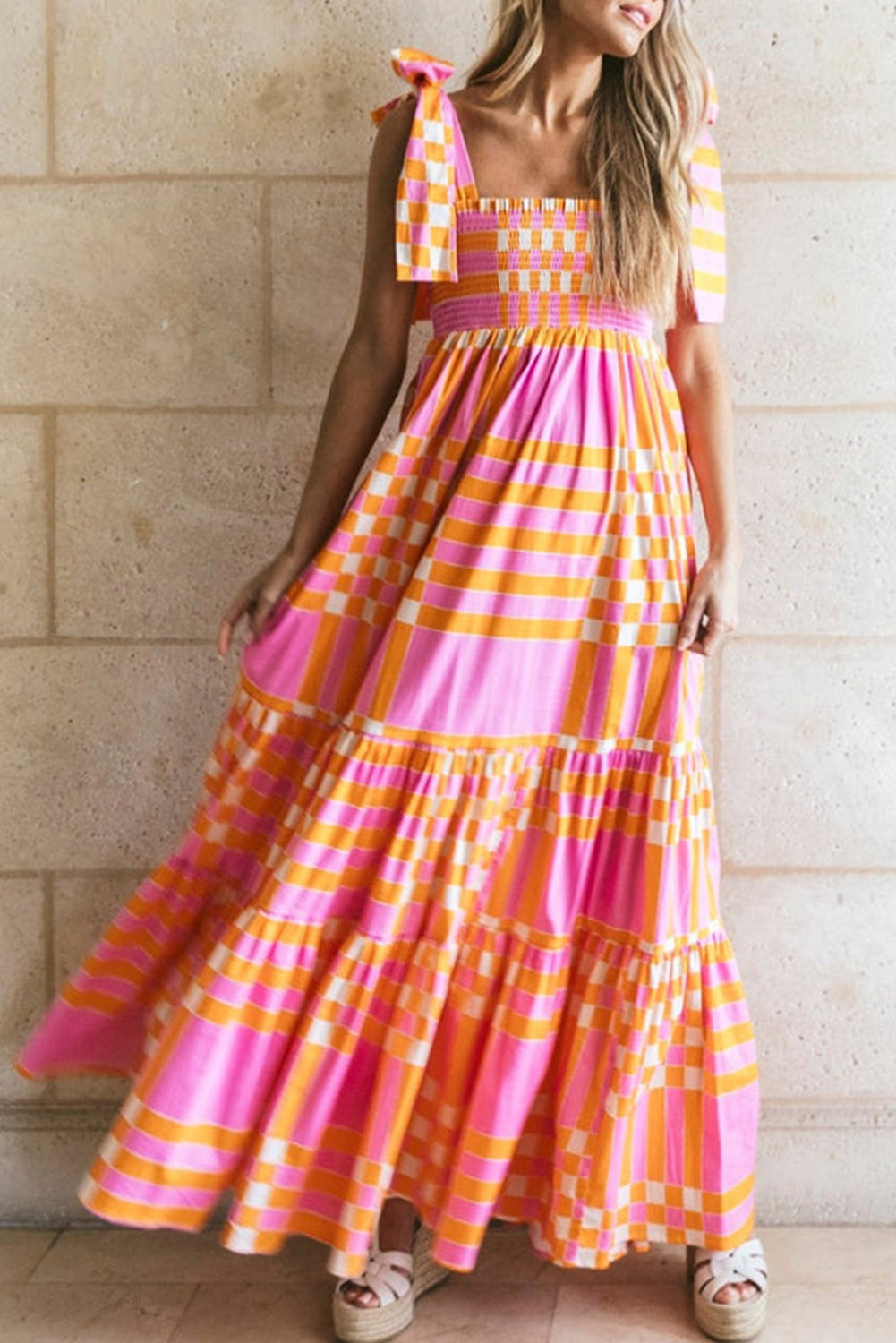 Boho Gingham Maxi Jurk met Strikbandjes