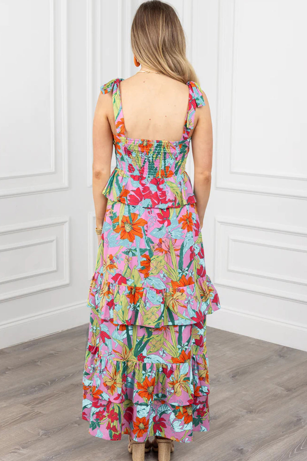 Elegante Bloemenprint Maxi Jurk met Ruches