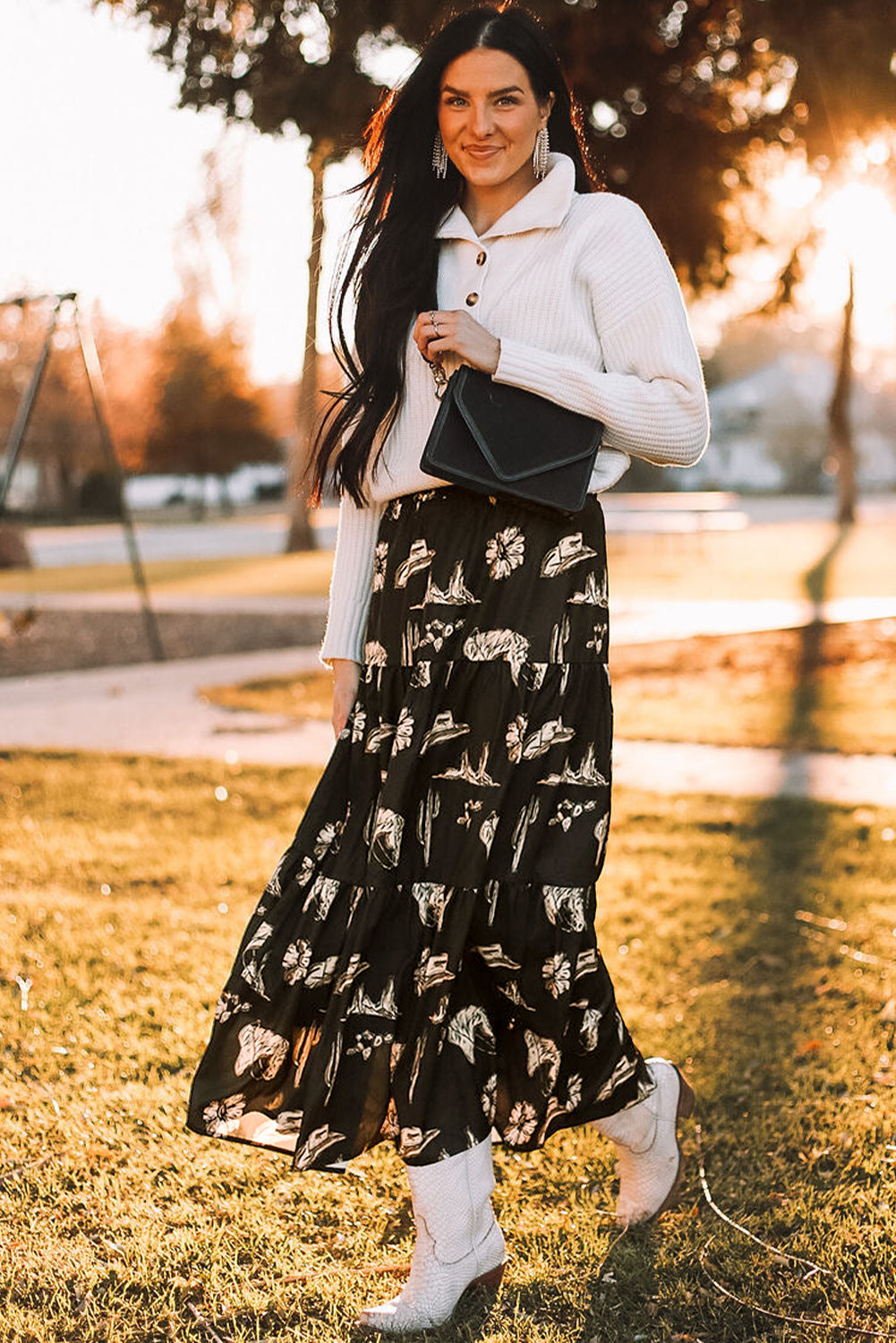 Gelaagde Ruffle Maxi Rok in Western Stijl