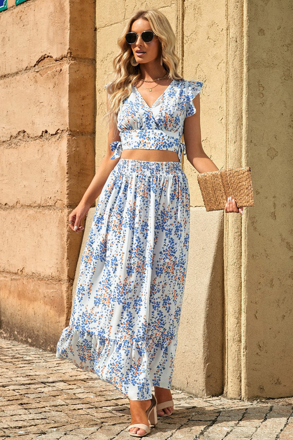 Ruffle Crop Top en Maxi Rok Set met Bloemenprint