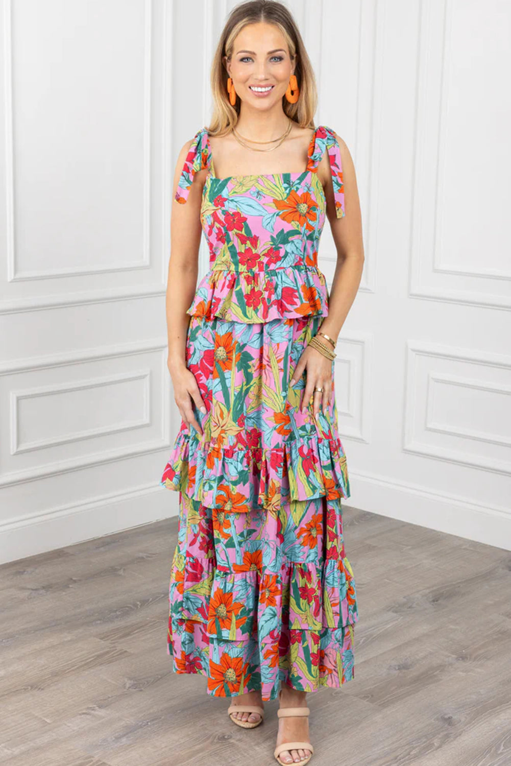 Elegante Bloemenprint Maxi Jurk met Ruches