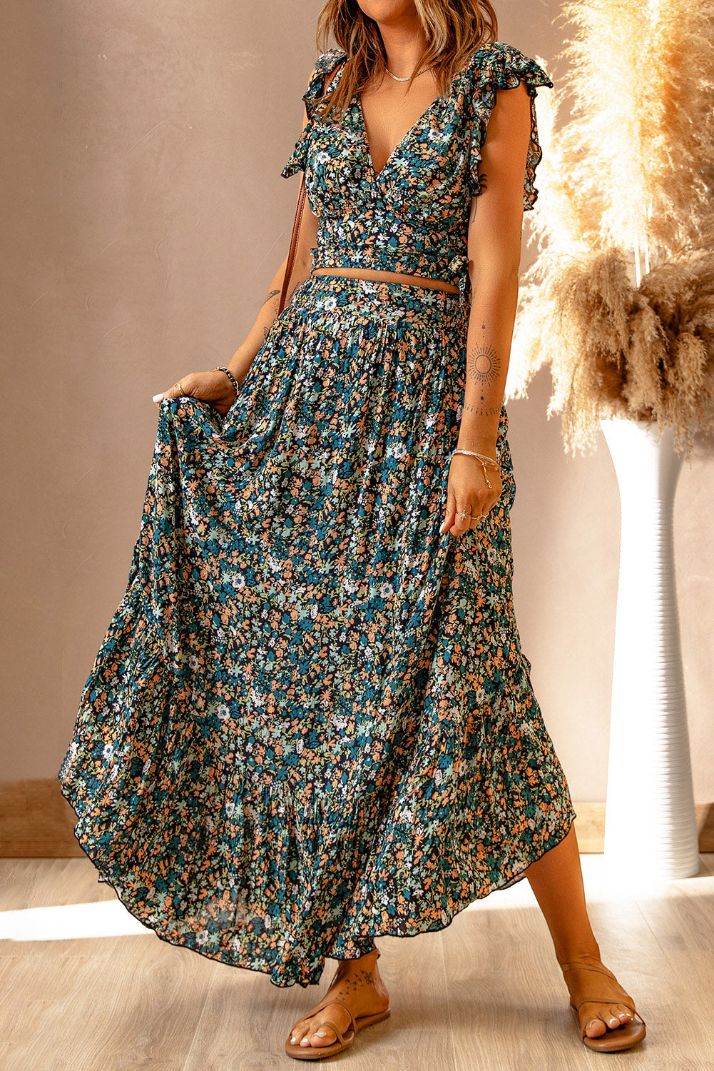 Ruffle Crop Top en Maxi Rok Set met Bloemenprint