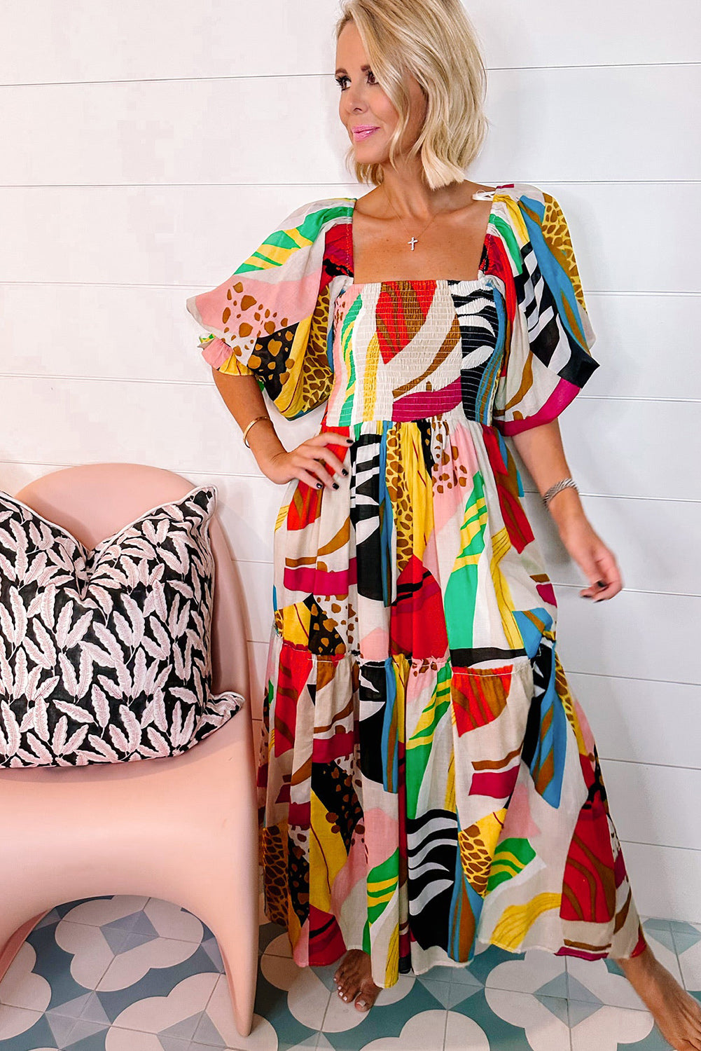 Vierkante Hals Boho Maxi-Jurk met Print