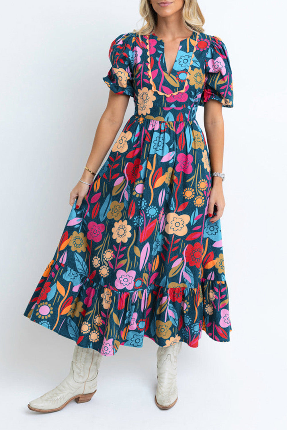 Retro Bloemenprint Maxi-Jurk met Halsopening