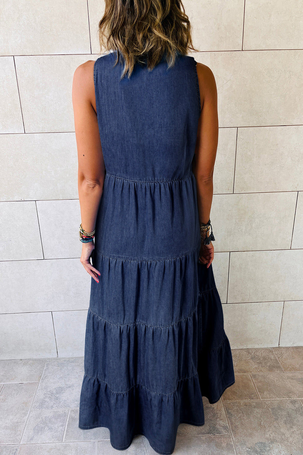 Mouwloze Gelaagde Chambray Maxi-Jurk