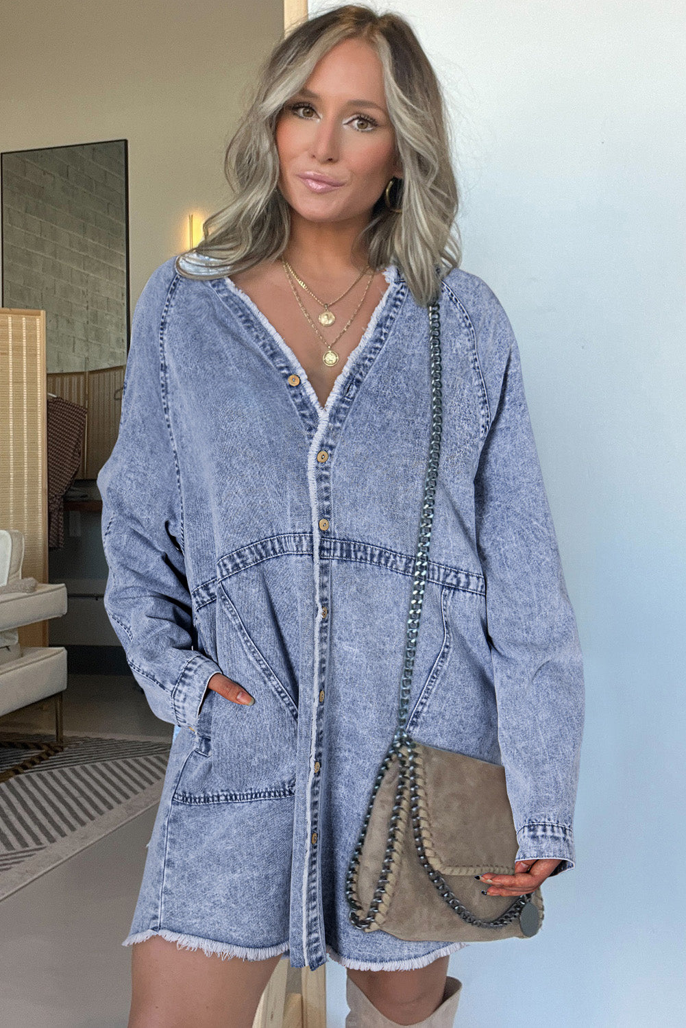 Denim Jurk met Lange Mouwen en Knoopsluiting