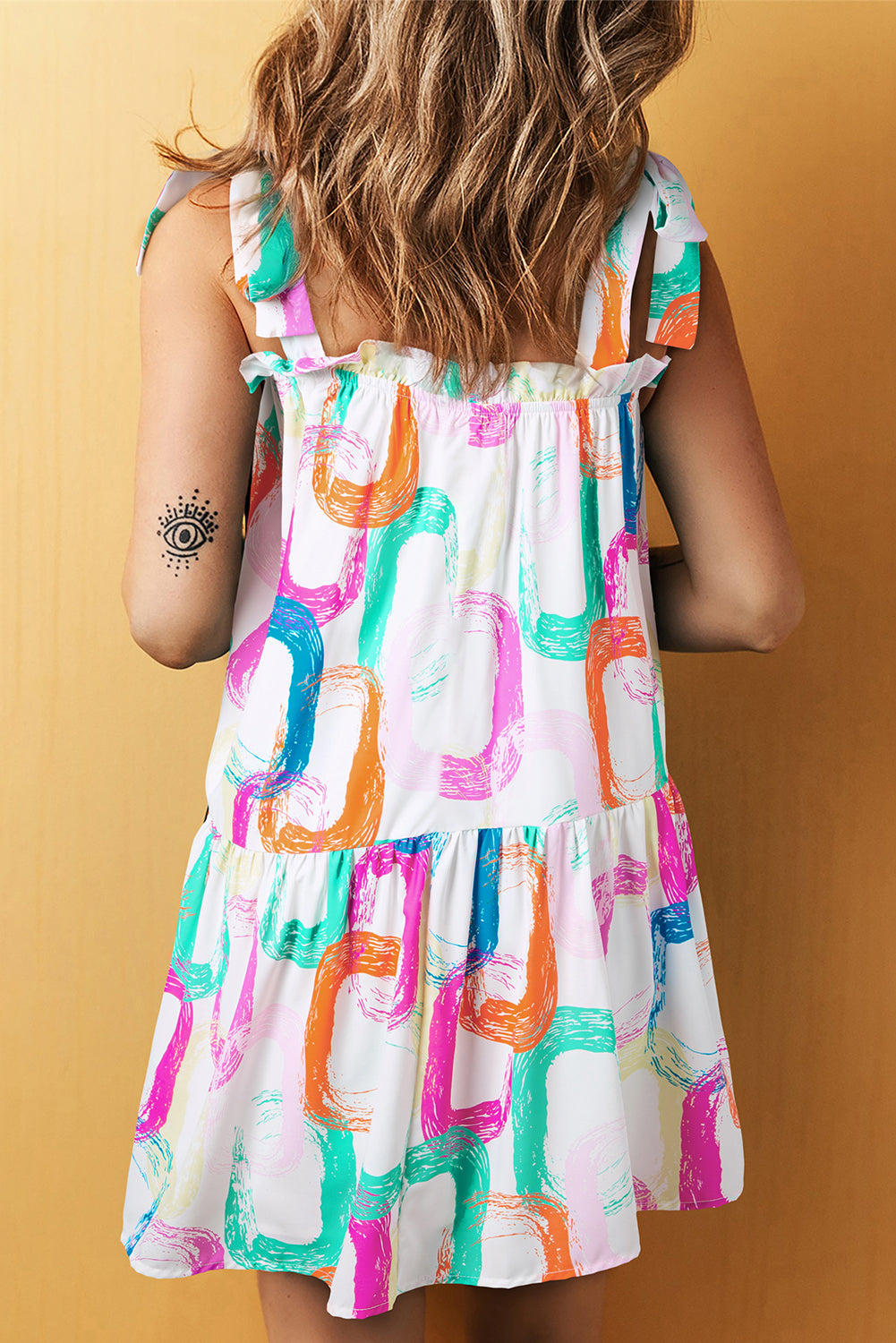 Abstracte Print Mini Jurk met Geknoopte Bandjes