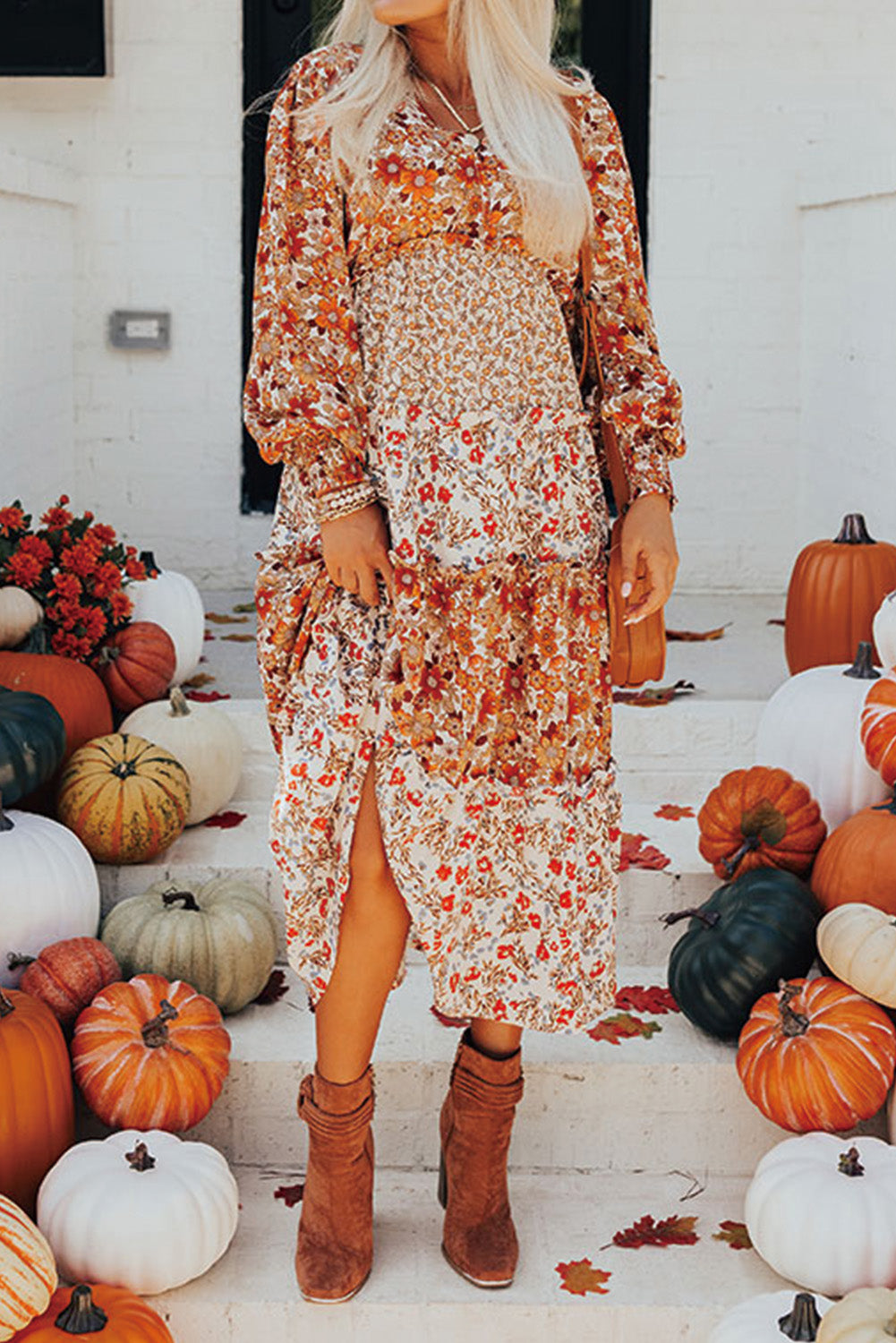 Bloemenprint Ruffle Midi Jurk met Lange Mouwen