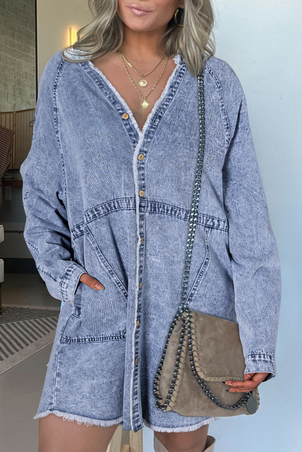 Denim Jurk met Lange Mouwen en Knoopsluiting