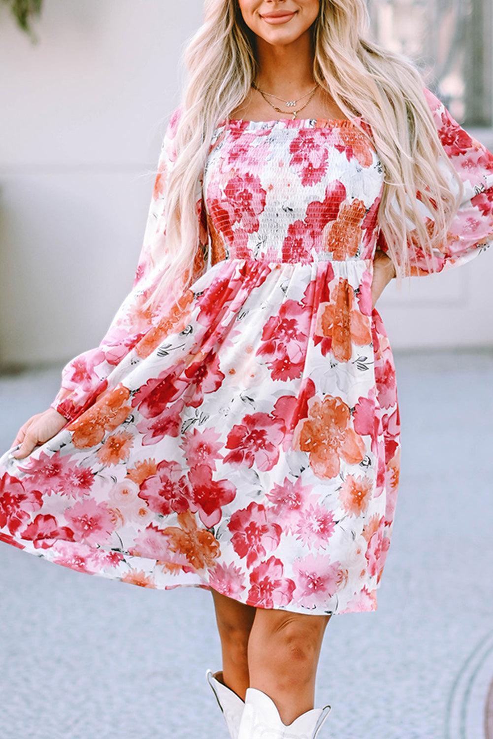 Gebloemde Smockjurk met Pofmouwen - Floral Dresses - Jurkjes.co