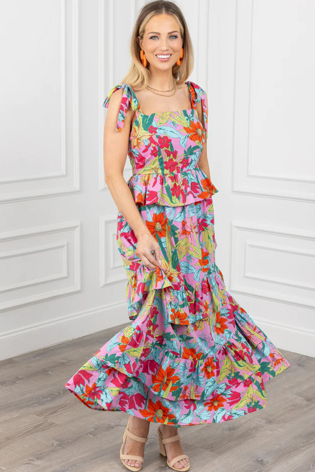 Elegante Bloemenprint Maxi Jurk met Ruches