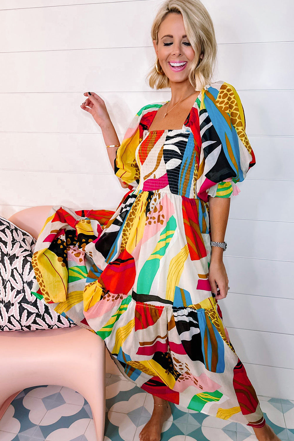 Vierkante Hals Boho Maxi-Jurk met Print