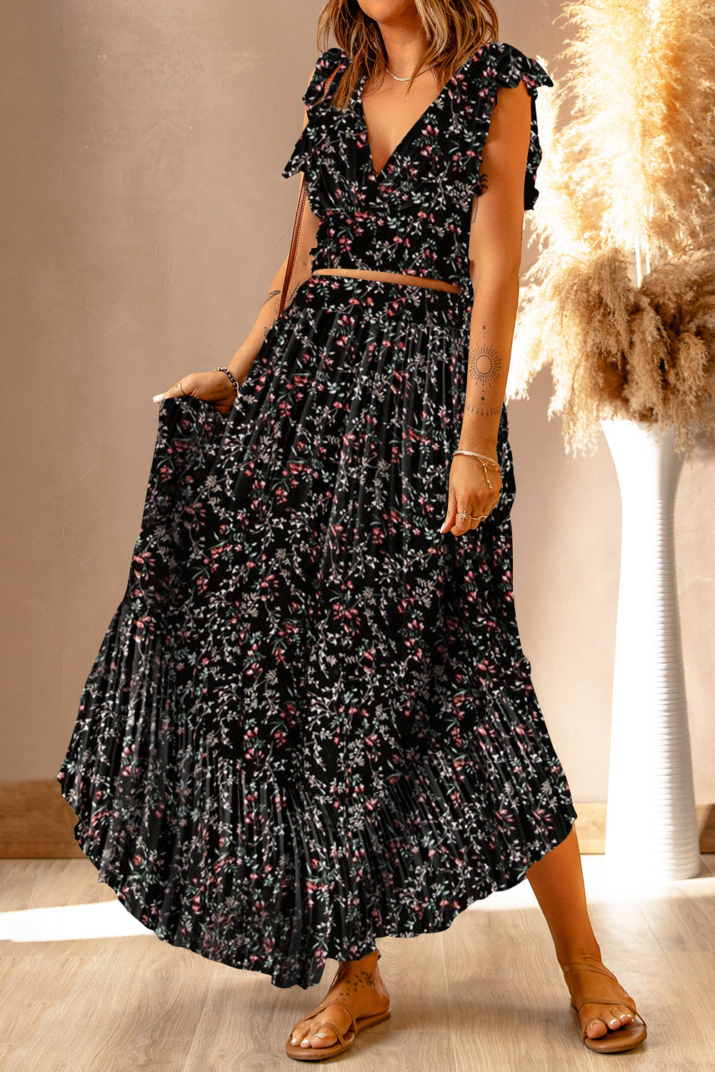 Ruffle Crop Top en Maxi Rok Set met Bloemenprint