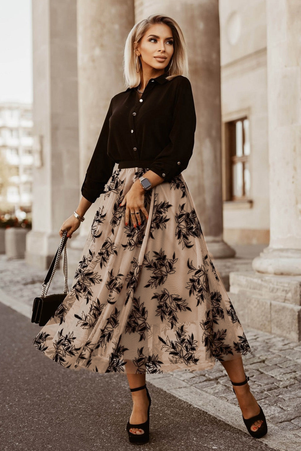 Hoog Taille Maxi Rok met Bloemenborduursel