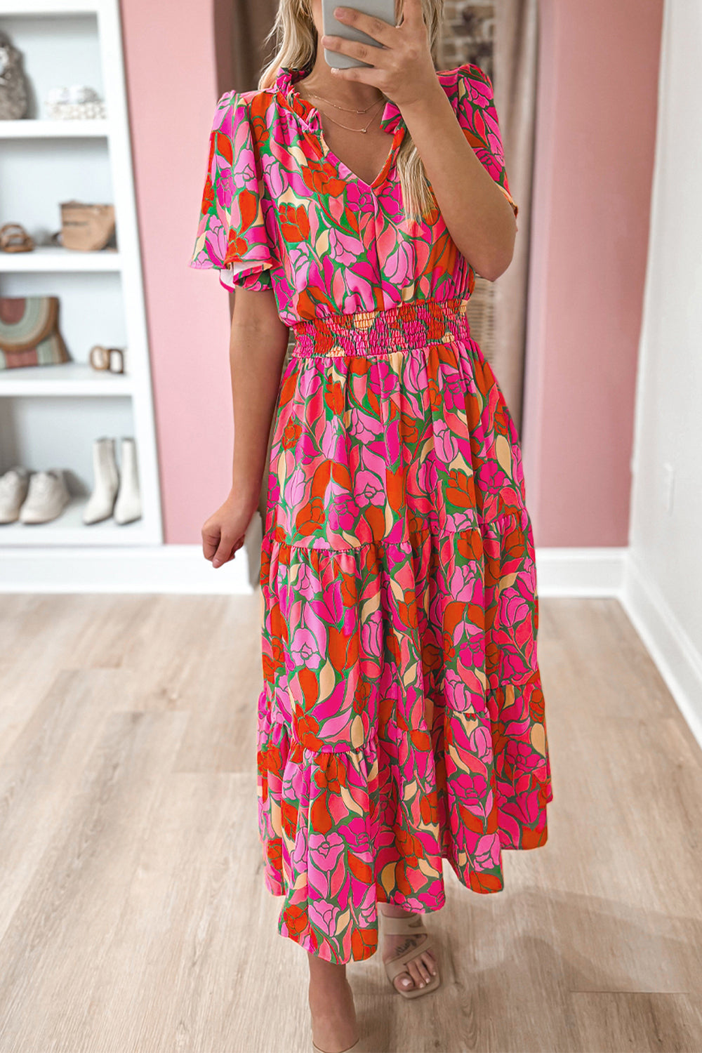 Elegante Bloemenprint Maxi Jurk met Smock Taille