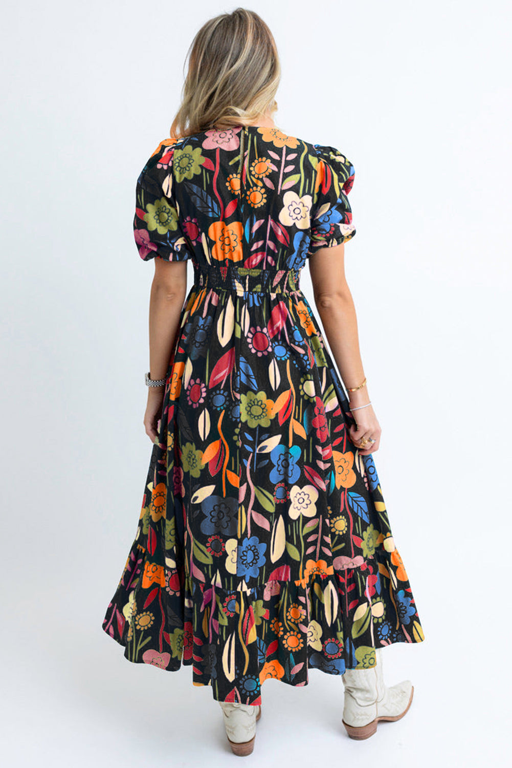 Retro Bloemenprint Maxi-Jurk met Split Hals