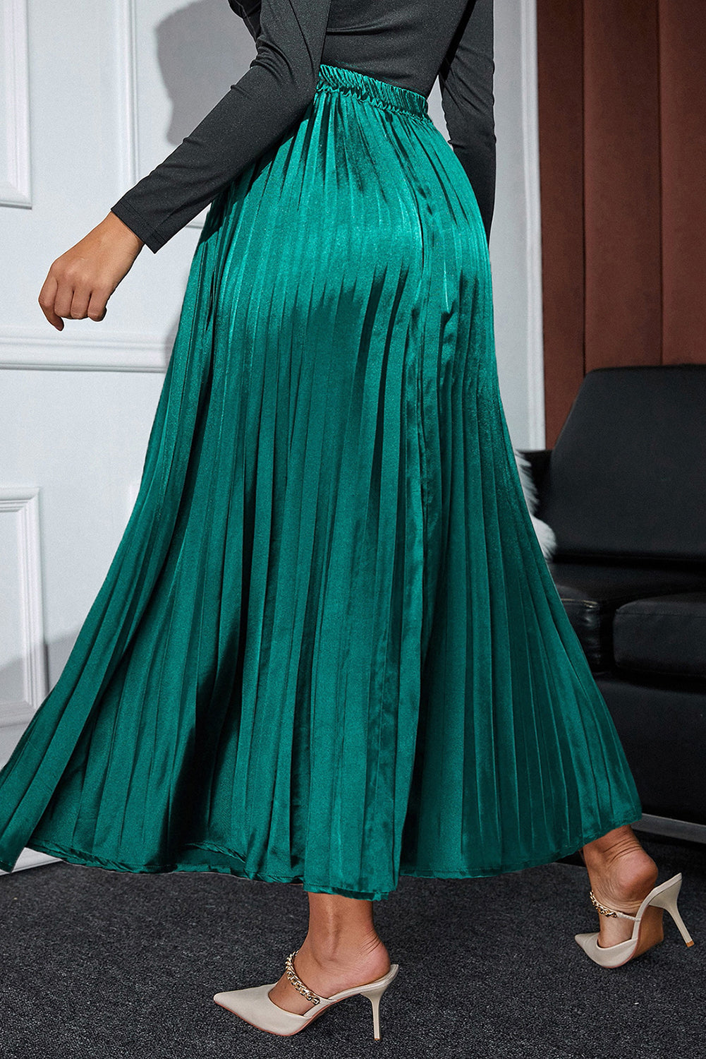 Satin Maxi Rok met Elastische Taille en Plooi