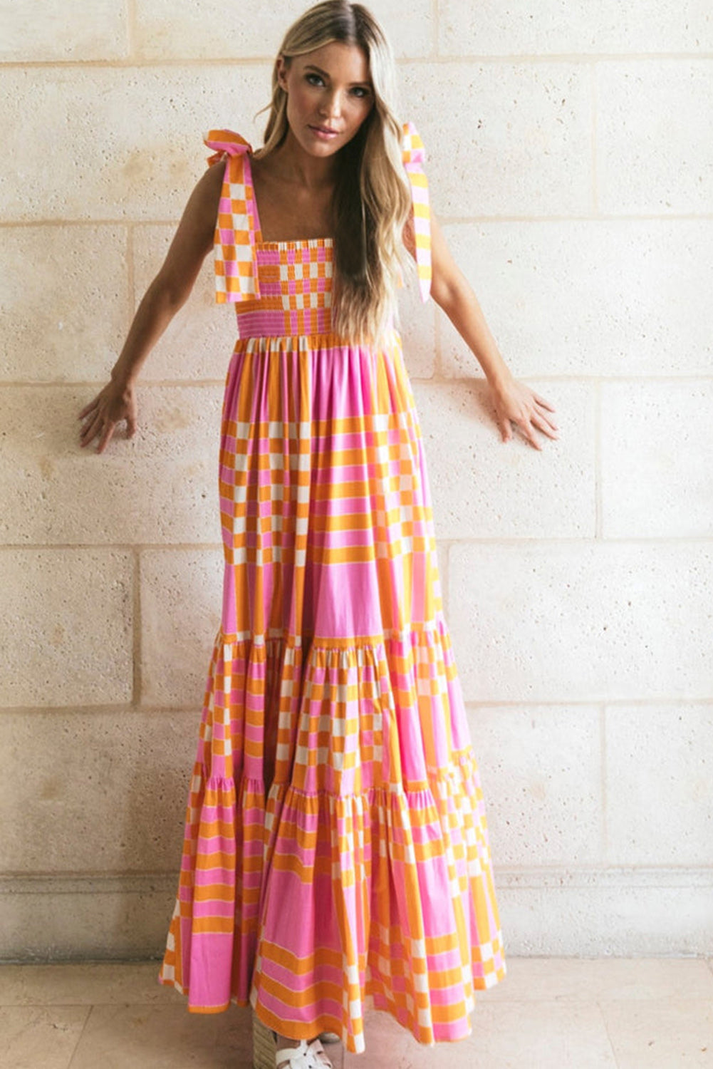 Boho Gingham Maxi Jurk met Strikbandjes