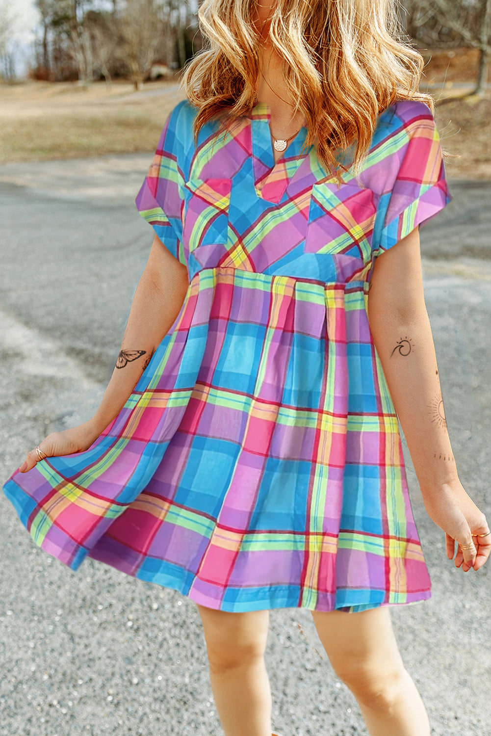 Multicolor Plaid Babydoll Mini Jurk