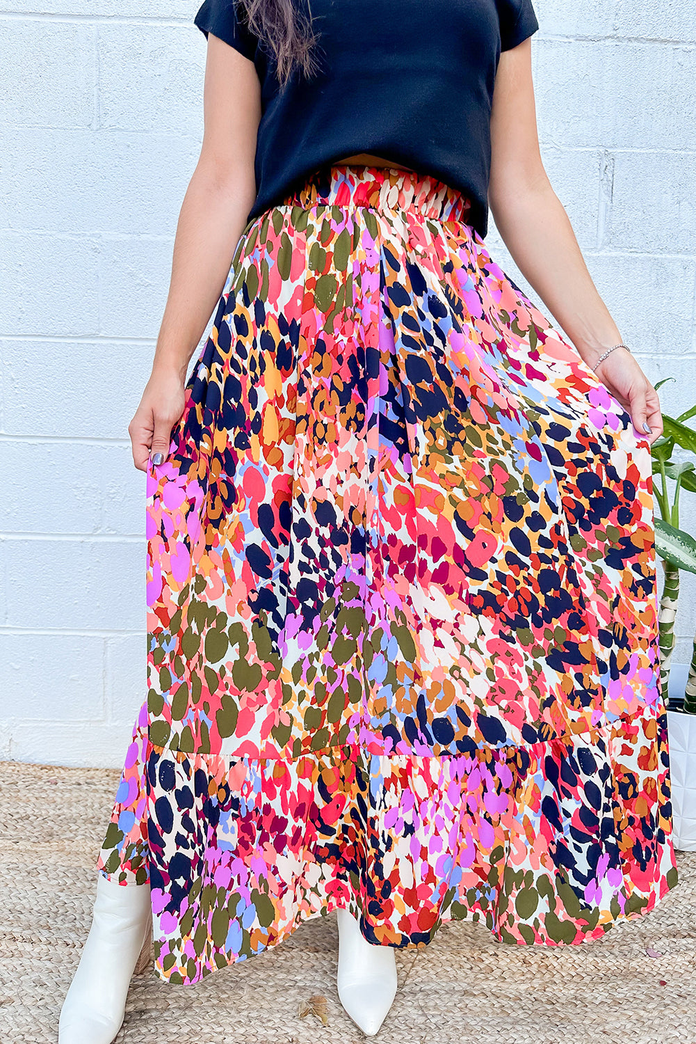 Abstracte Ruffle Maxi Rok met Kleurrijke Print