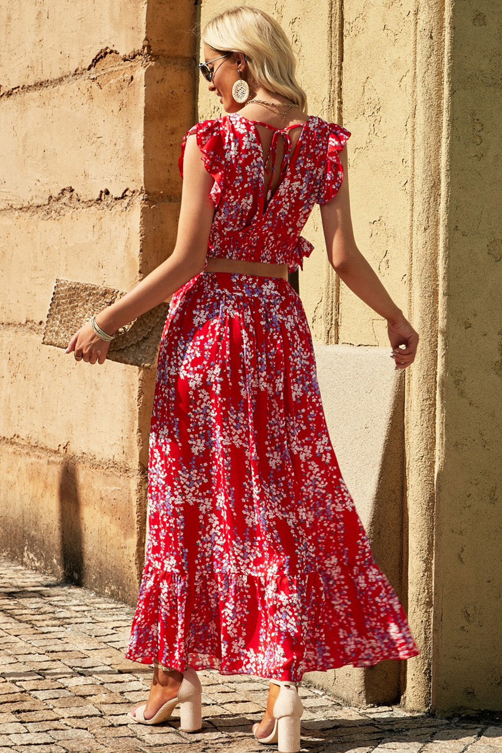 Ruffle Crop Top en Maxi Rok Set met Bloemenprint