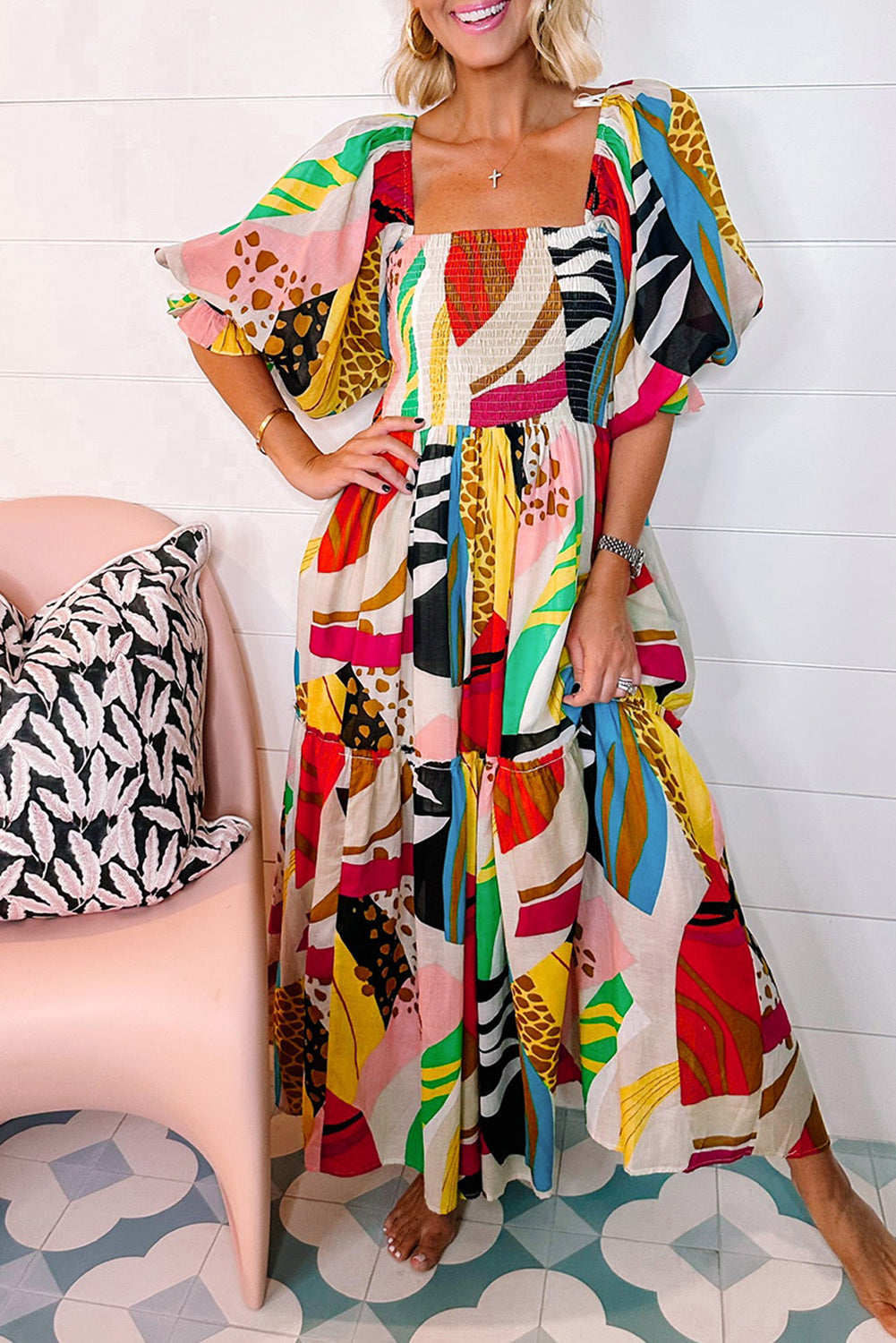 Vierkante Hals Boho Maxi-Jurk met Print