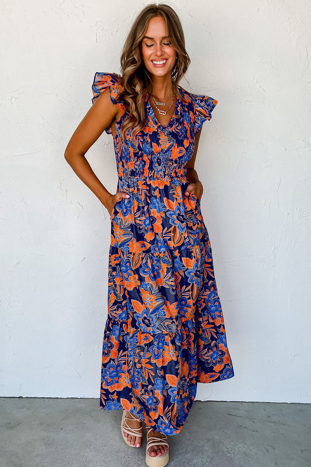 Boho Bloemenjurk met V-hals en Ruches