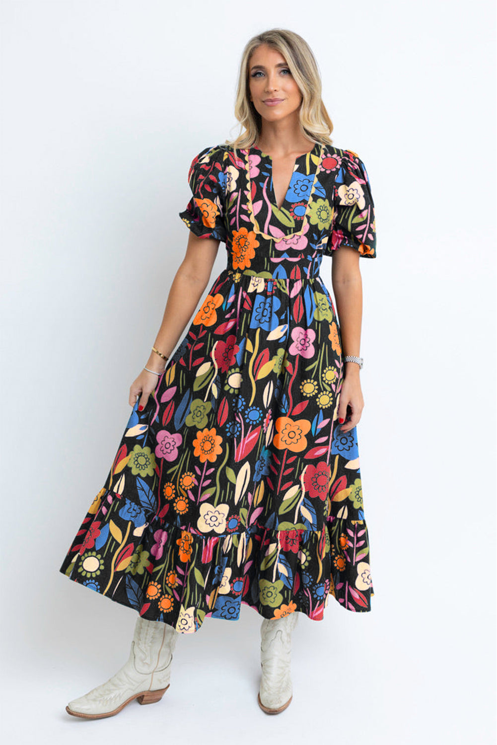 Retro Bloemenprint Maxi-Jurk met Split Hals