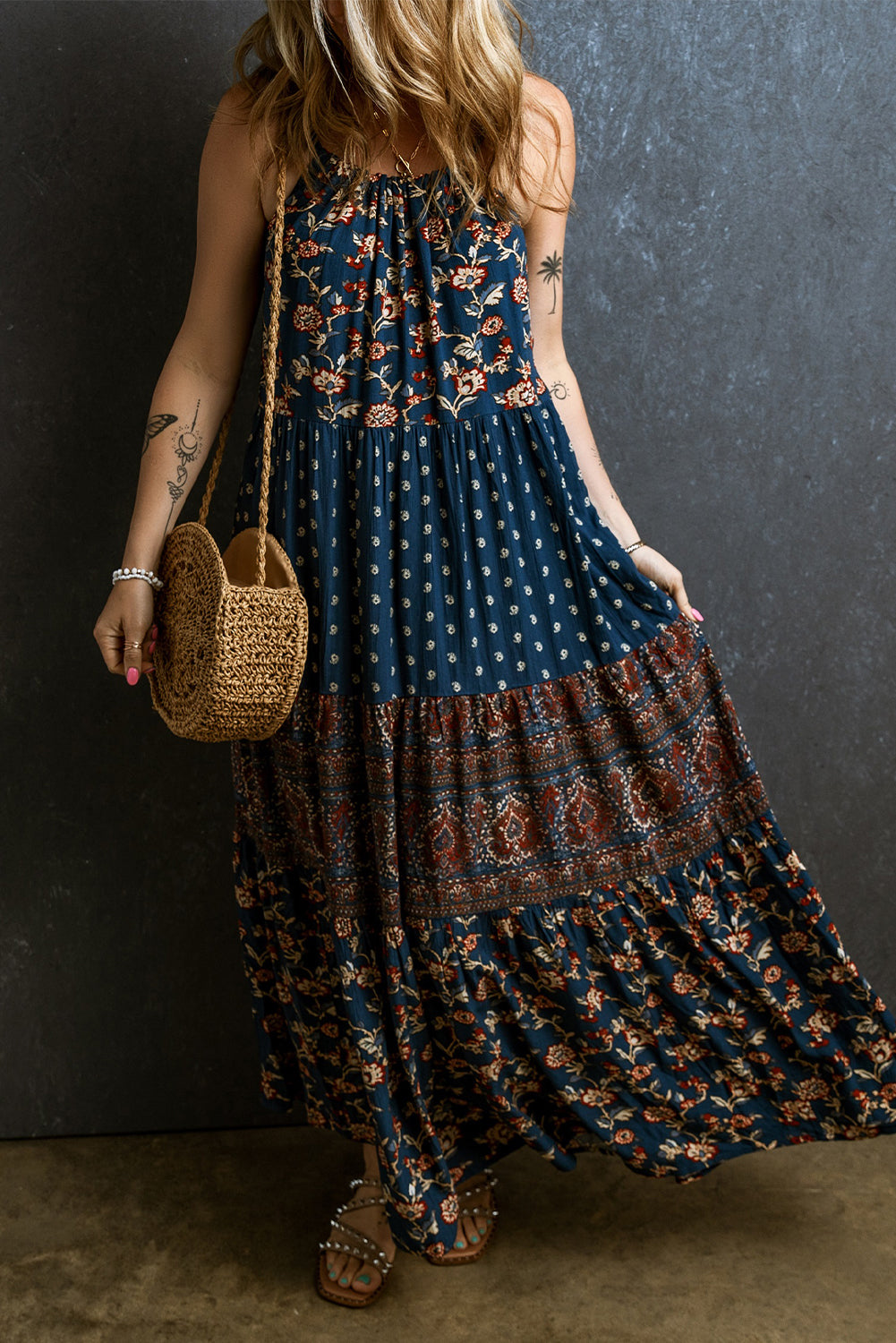 Boho Bloemenprint Mouwloze Maxi Jurk