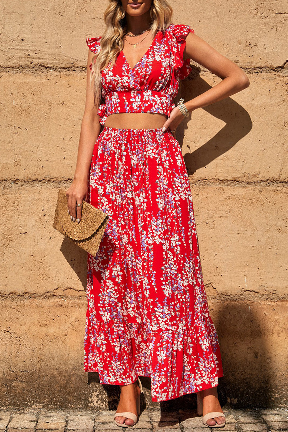 Ruffle Crop Top en Maxi Rok Set met Bloemenprint