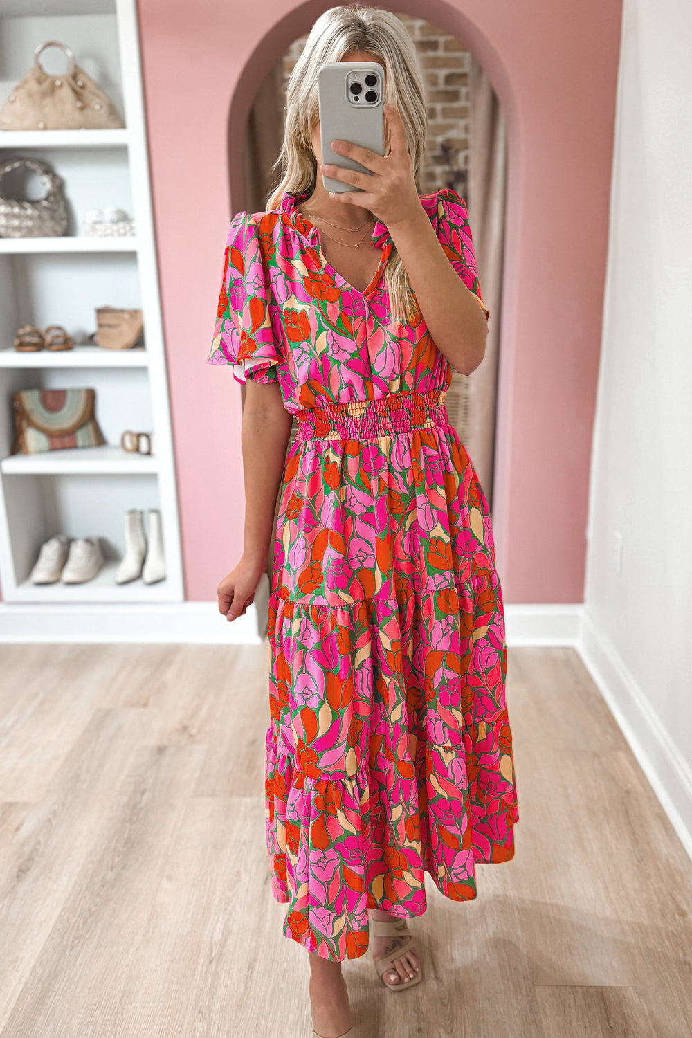 Elegante Bloemenprint Maxi Jurk met Smock Taille