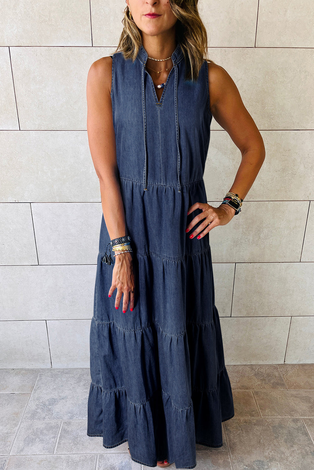 Mouwloze Gelaagde Chambray Maxi-Jurk