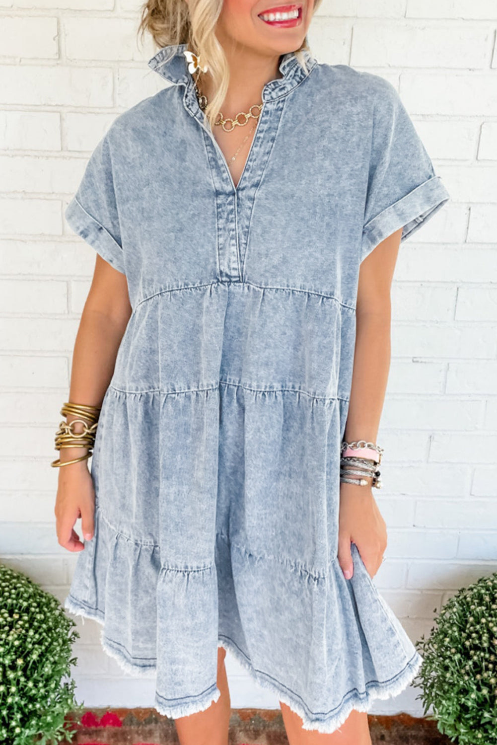 Acid Wash Denim Jurk met V-hals