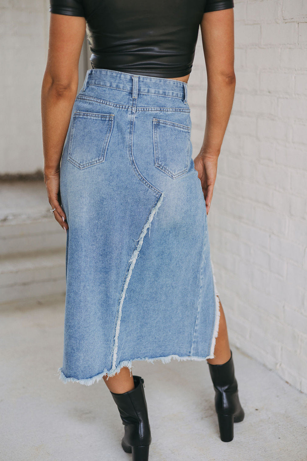 Asymmetrische Denim Midi Rok met Rafels