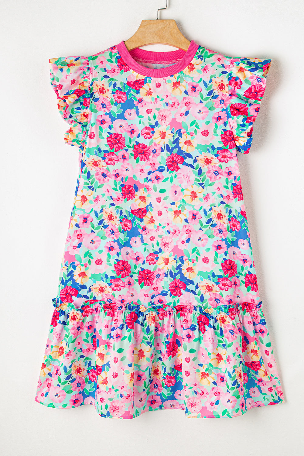 Floral Print Mini Jurk met Ruches en Vlindermouwen