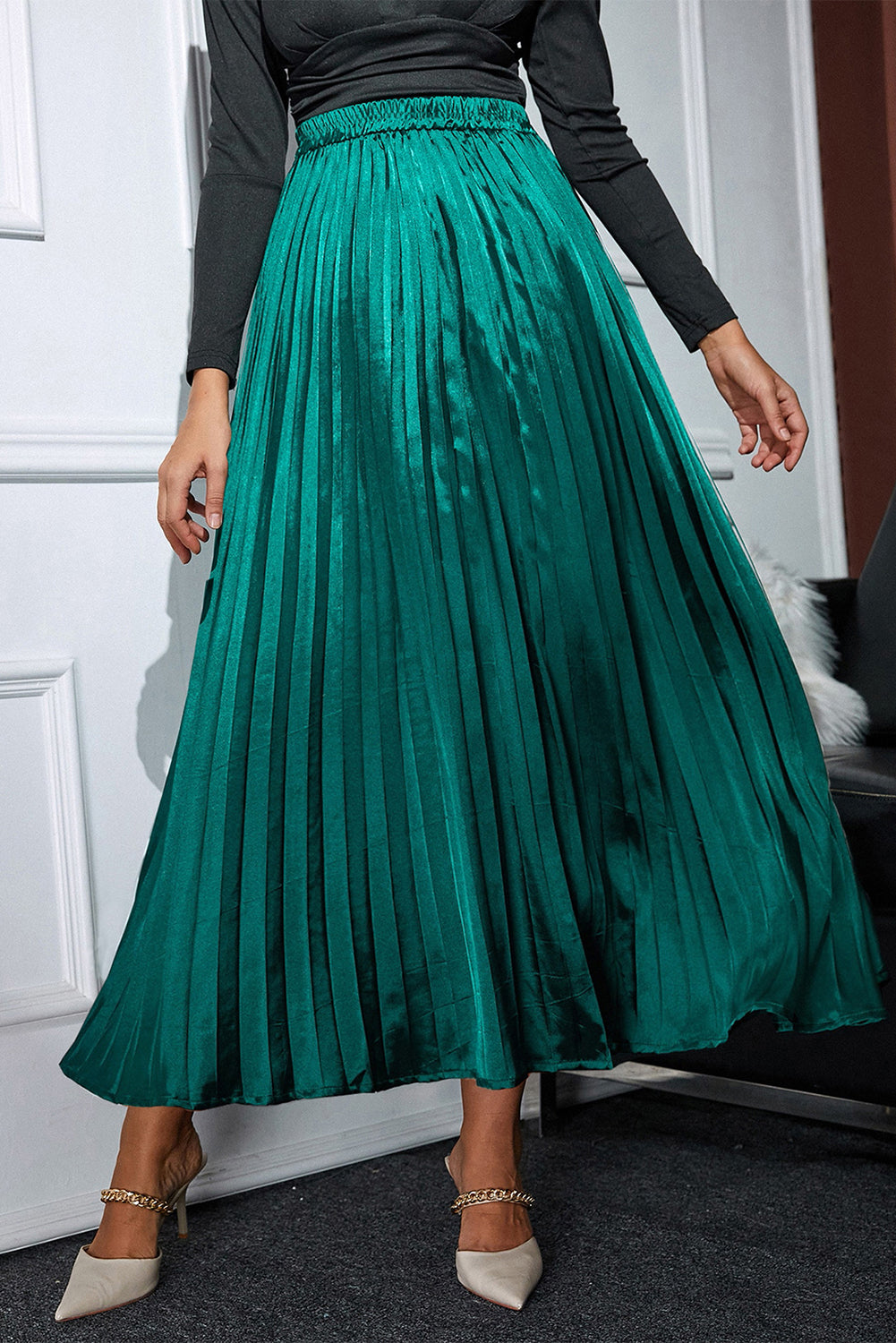 Satin Maxi Rok met Elastische Taille en Plooi