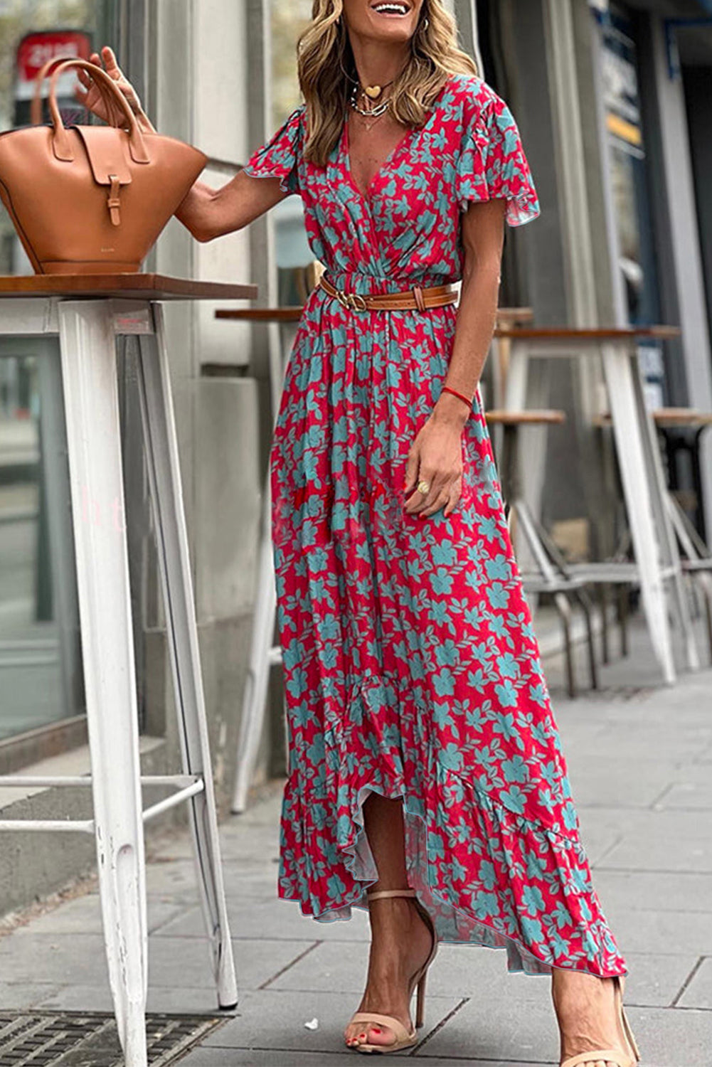 V-hals Maxi Jurk met Bloemen en Ruches