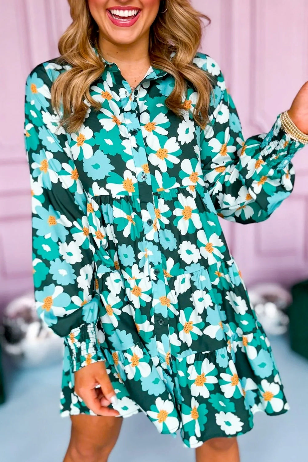 Gelaagde Bloemenprint Mini Jurk met Lange Puff Mouw