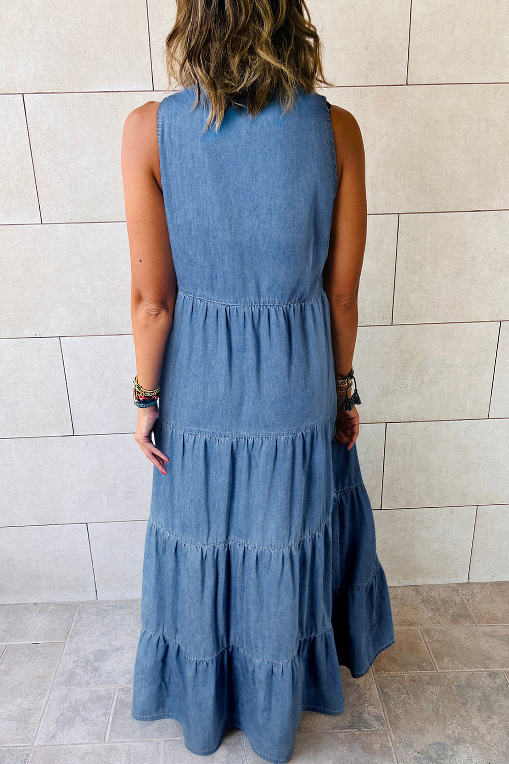 Mouwloze Chambray Maxi Jurk met Lagen