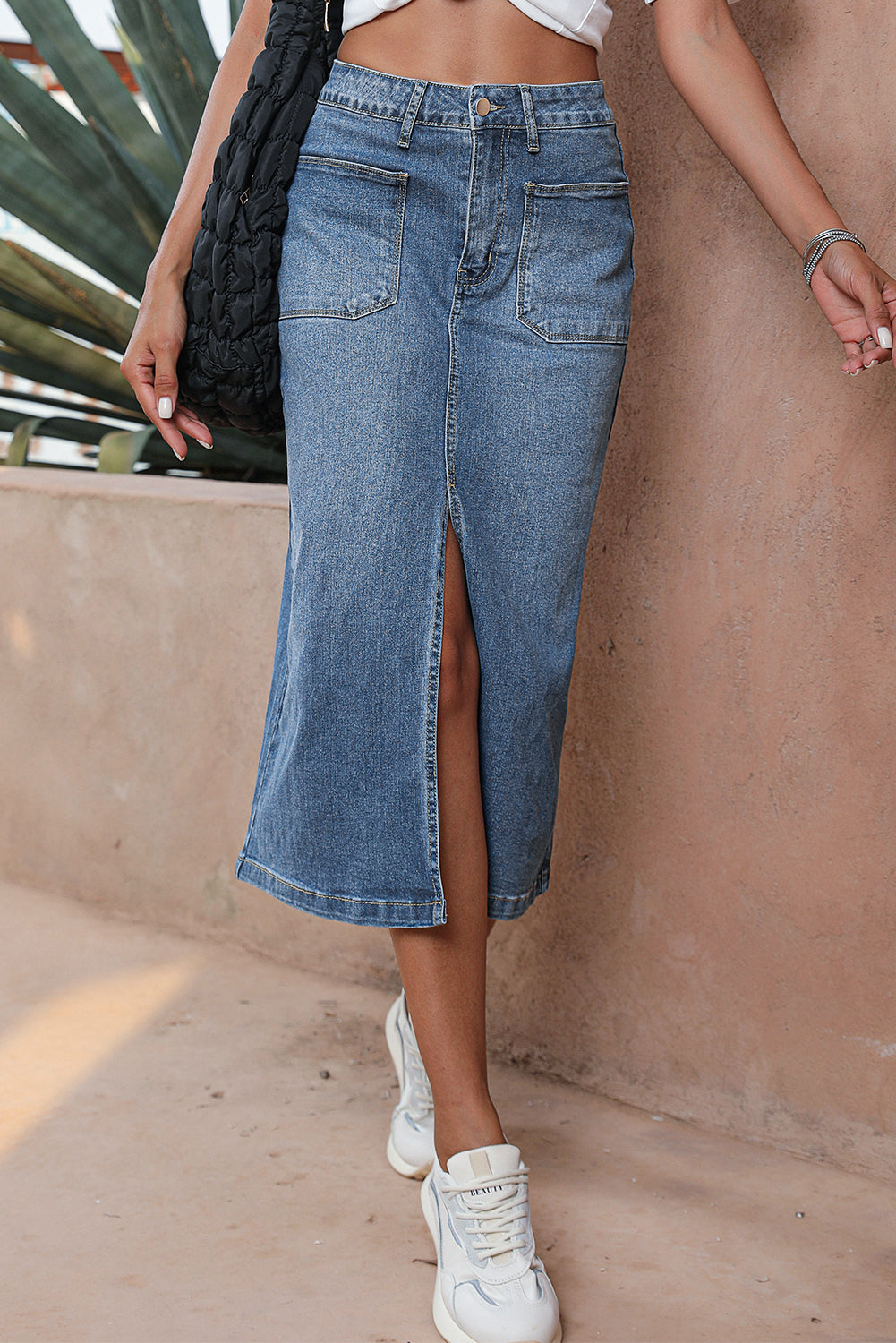 Split Midi Denim Rok met Vier Zakken